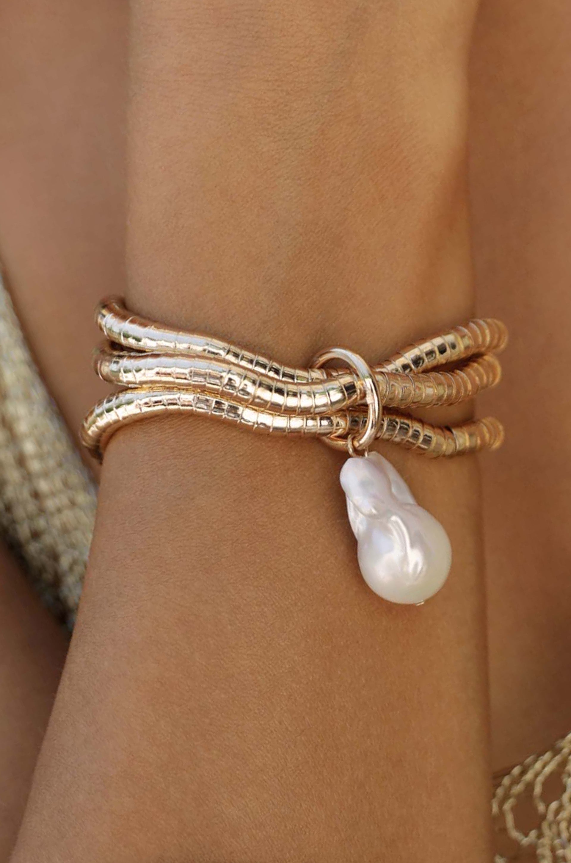 Liquid Gold and Pearl Stretch Bracelet - Bikini Crush Swimwear