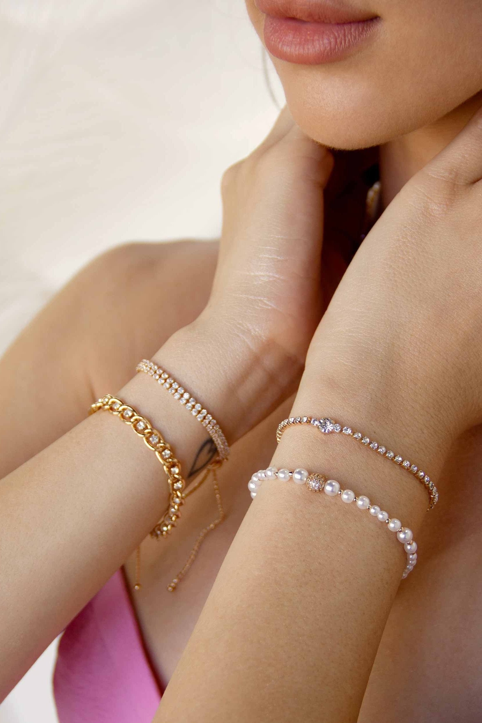 ettika Bracelet Pearl and Crystal Mixed 18k Gold Plated // Bracelet Stack