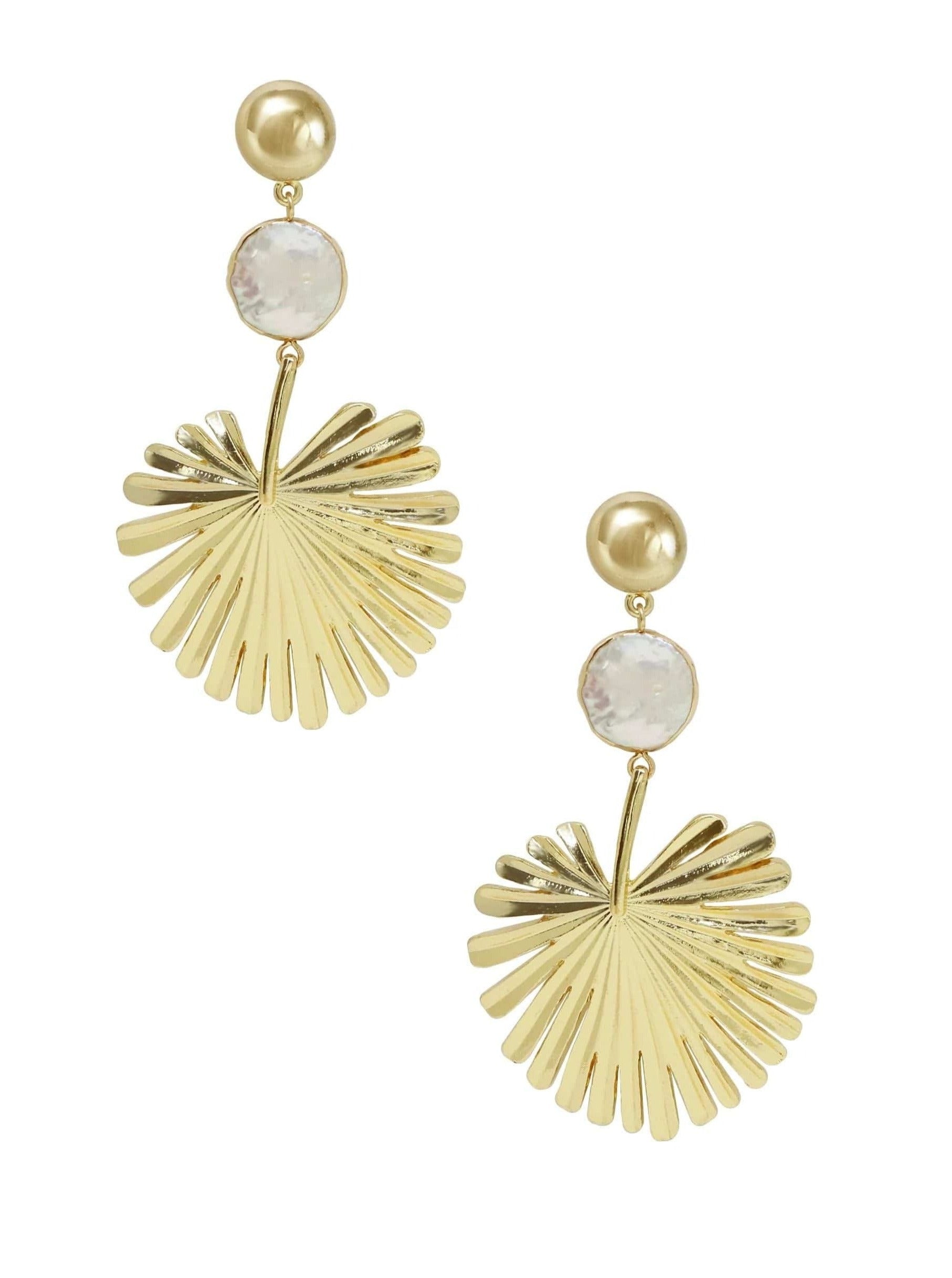 ettika earrings 18k Palm Leaf with Pearl in Gold // EARRINGS