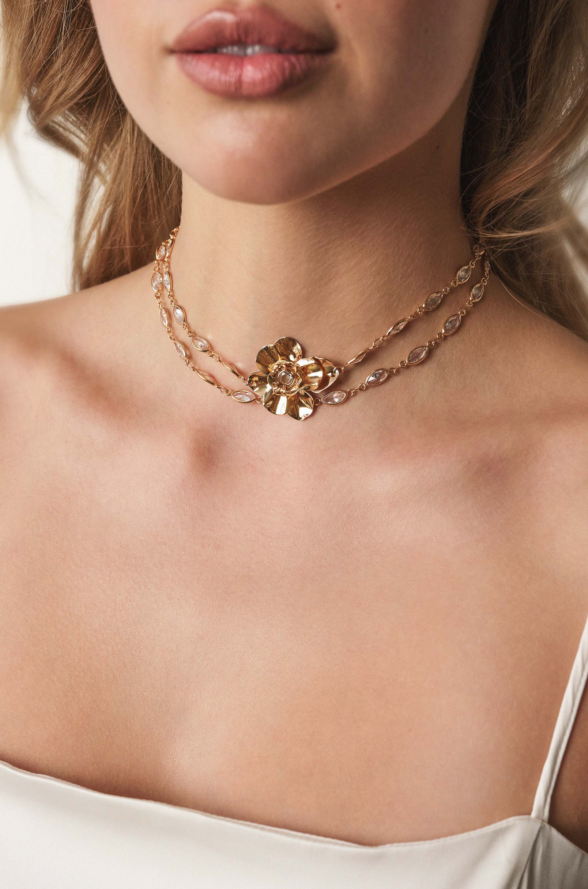 Bezel Crystal Layered Flower Necklace - Bikini Crush Swimwear