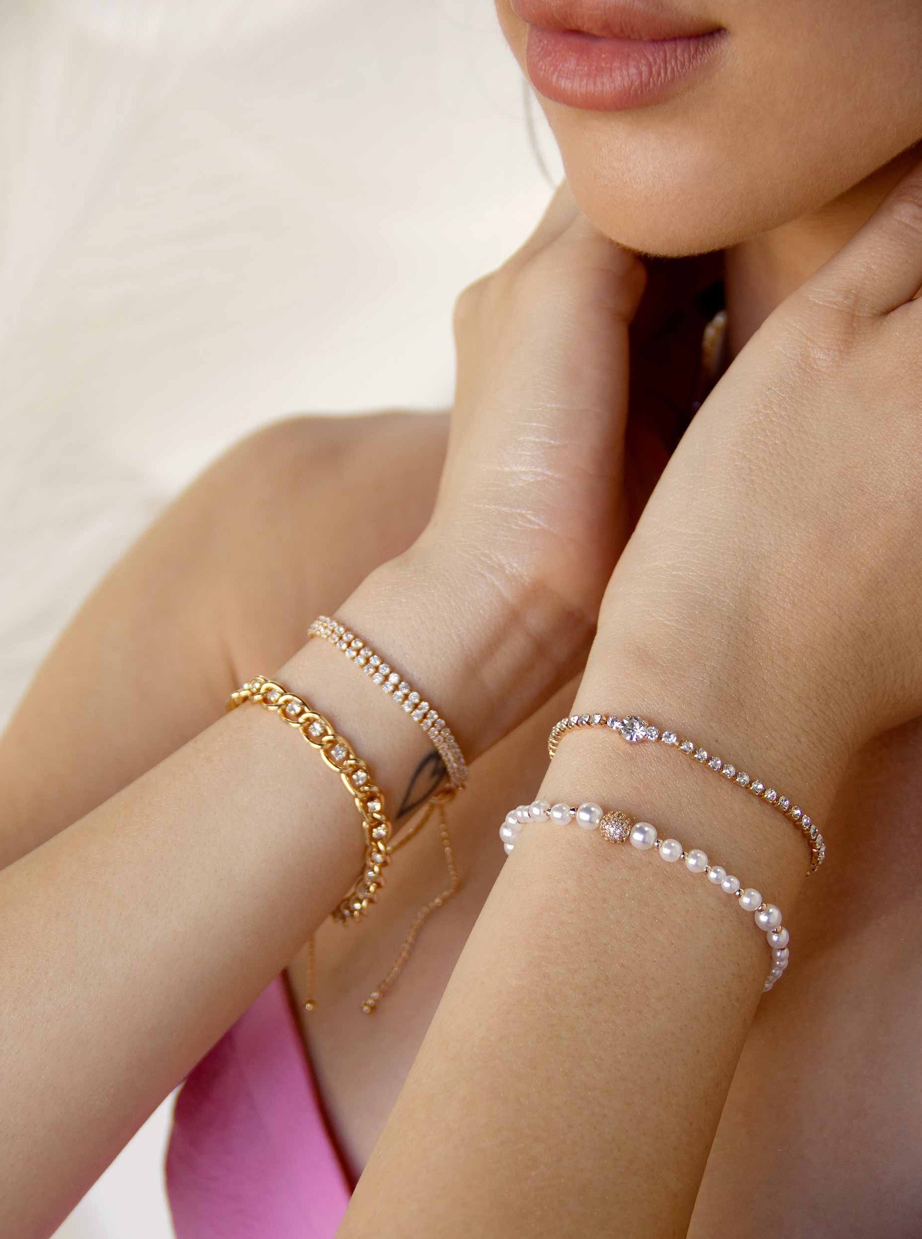 ettika Bracelet Pearl and Crystal Mixed 18k Gold Plated // Bracelet Stack