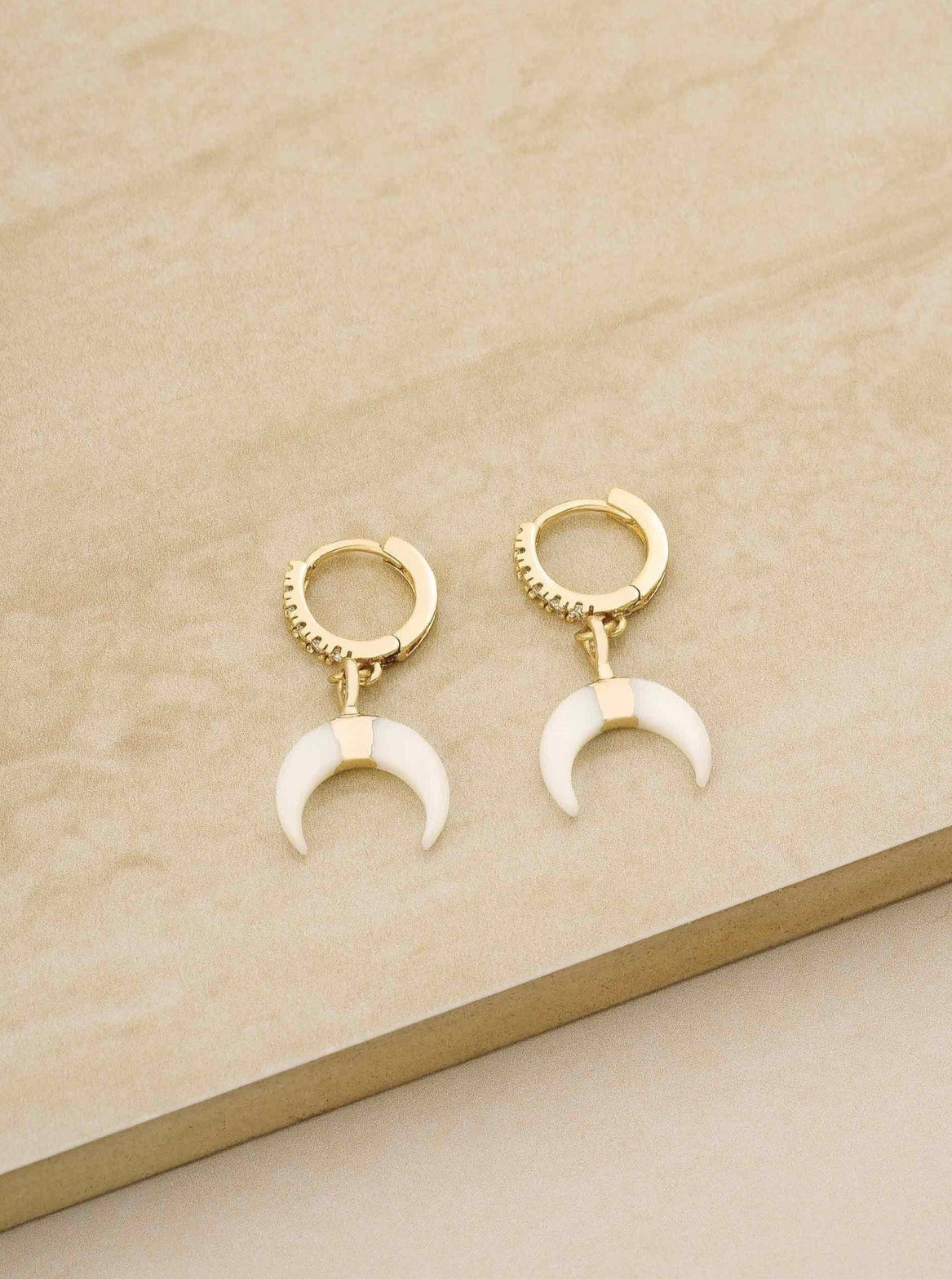 ettika earrings 18k GOLD PLATED BOHO WHITE CRESCENT // DANGLE EARRINGS